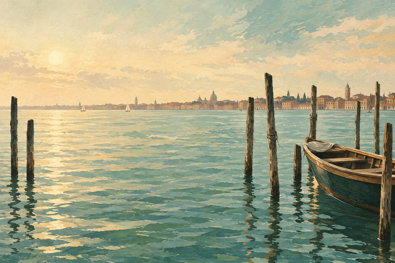 Editorial illustration of a quiet Venetian lagoon